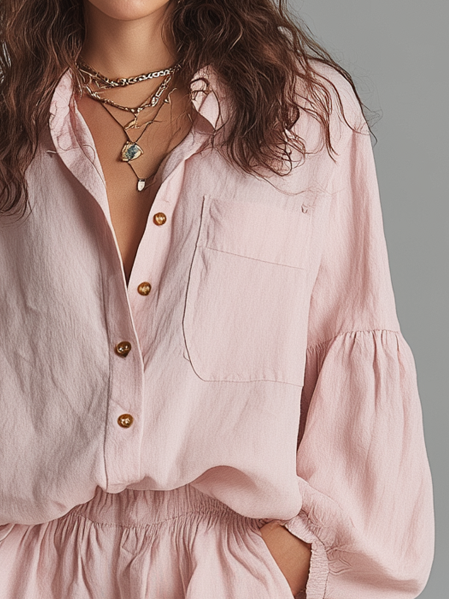 Romantic Blush Puff-Sleeve Shirt & Ruffle Short Skirt Two-Piece Set