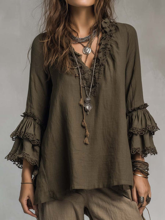 Ruffled Lace Cotton Linen Long-sleeved Blouse