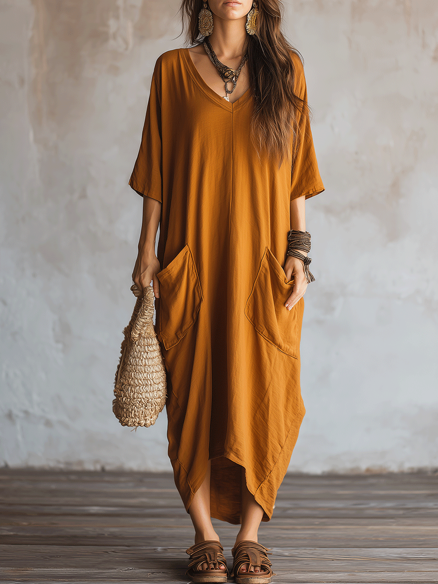 Boho Mustard Oversized Pocket Maxi Dress