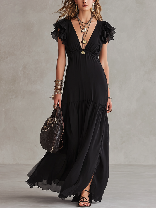 Bohemian Black Ruffled Sleeve Long Dress