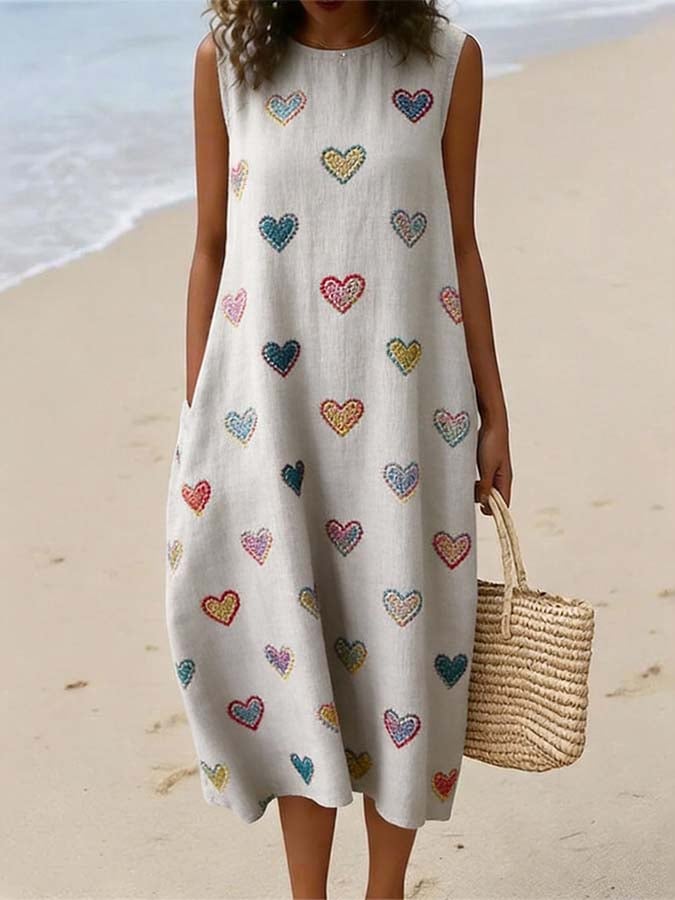 Women'S Casual Sleeveless Dress With Heart Print And Round Neckline