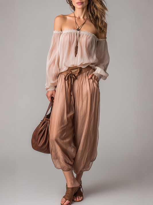 Romantic Blush Off-Shoulder Chiffon Top & Drawstring Wide-Leg Pant  Set