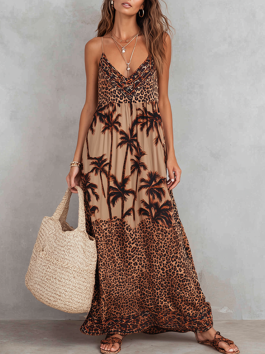Tropical Leopard & Palm Tree Color-Blocked Spaghetti Strap Maxi Dress