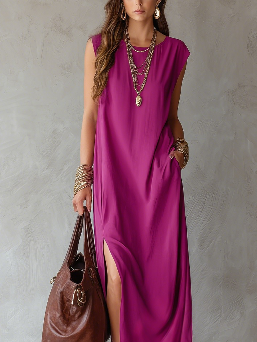 Purple Red Sleeveless Linen Side Slit Maxi Dress