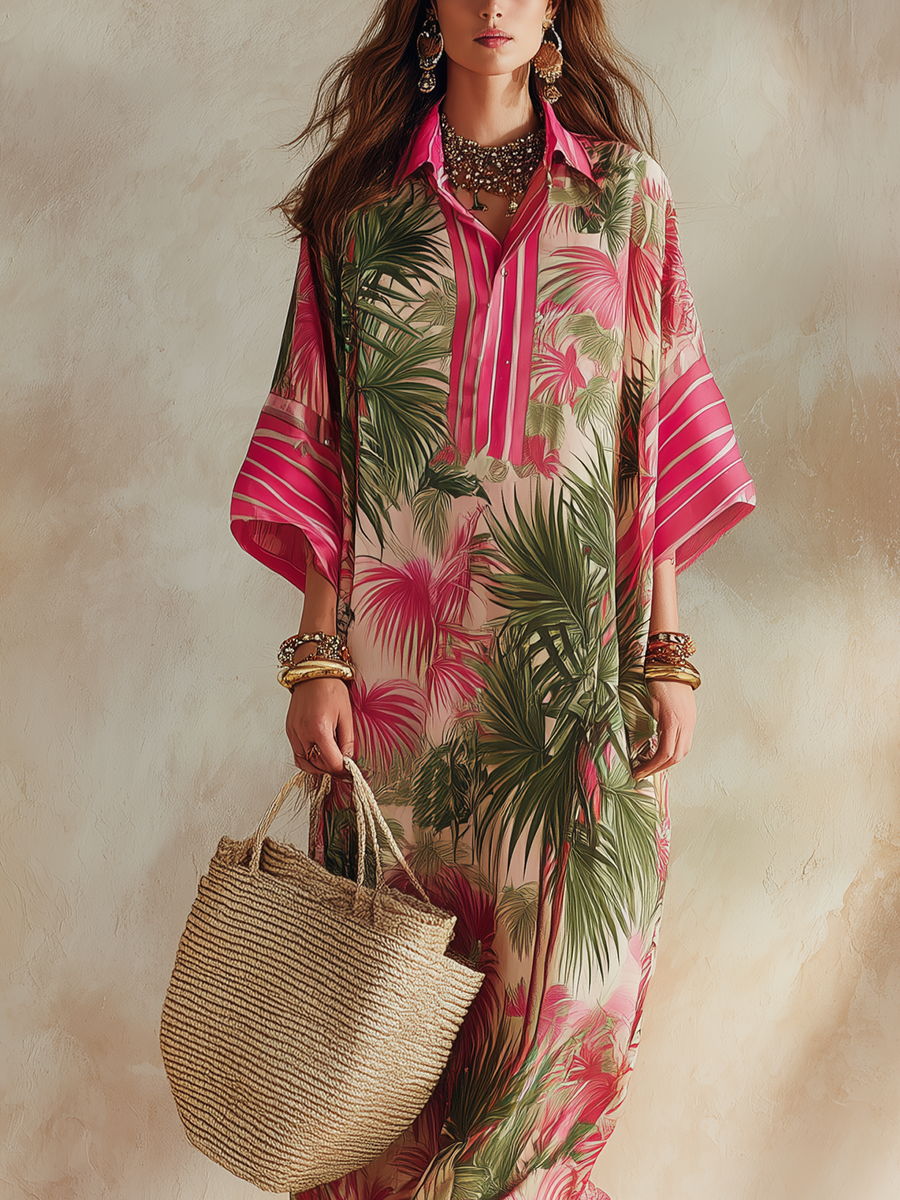 Tropical Pink And Green Floral Print Maxi Dress