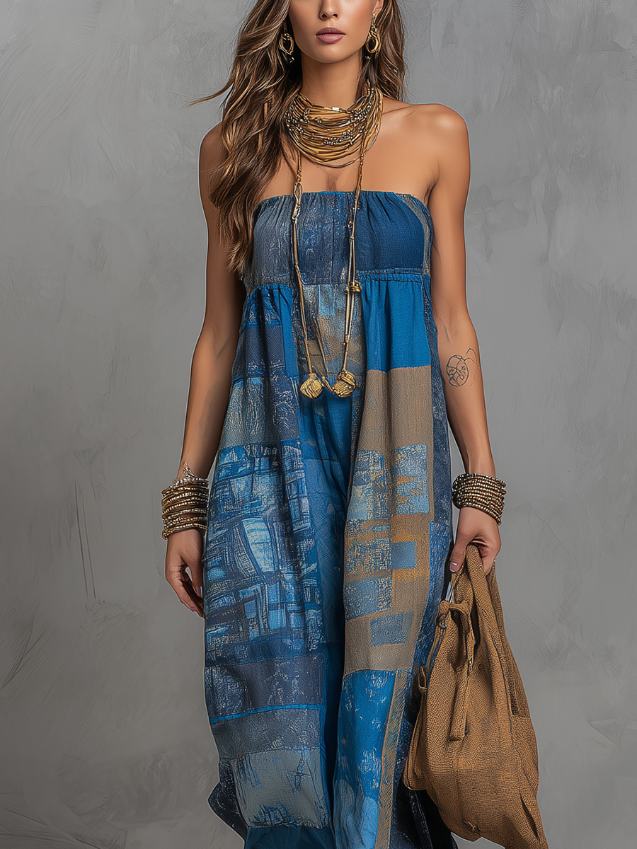 Bohemian Blue Floral Print Strapless Maxi Dress