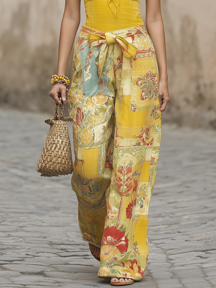 Vintage Boho Patchwork Bandeau And Flowing Pants Ensemble