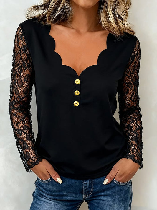 Women'S Casual Lace-Trimmed Long-Sleeved Top