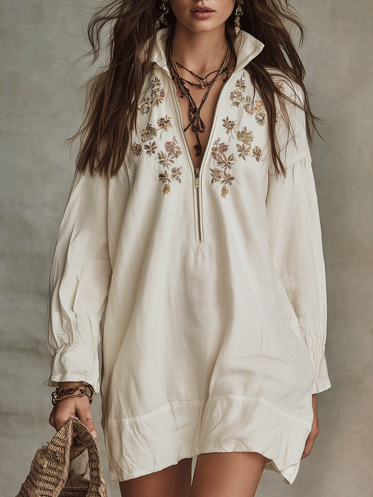 Romantic Ivory Embroidered Boho Tunic Mini Dress
