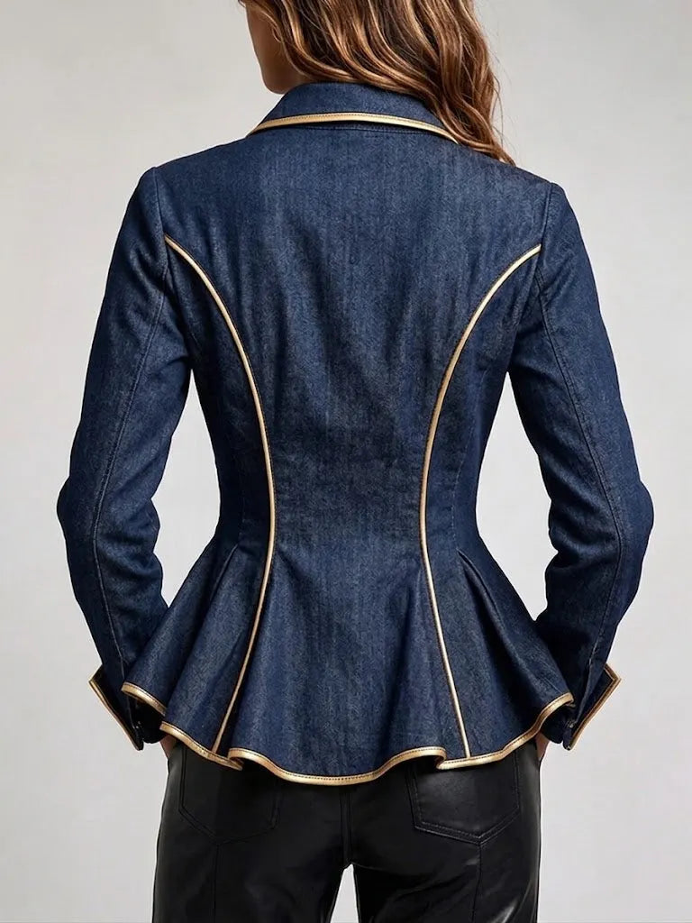 Chic And Elegant Denim Shirt With Gold Trim And A Ruffled Hem.