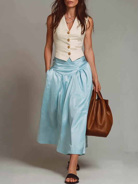 Chic Cream Vest & Dusty Blue Ruched Midi Skirt Two-Piece Set