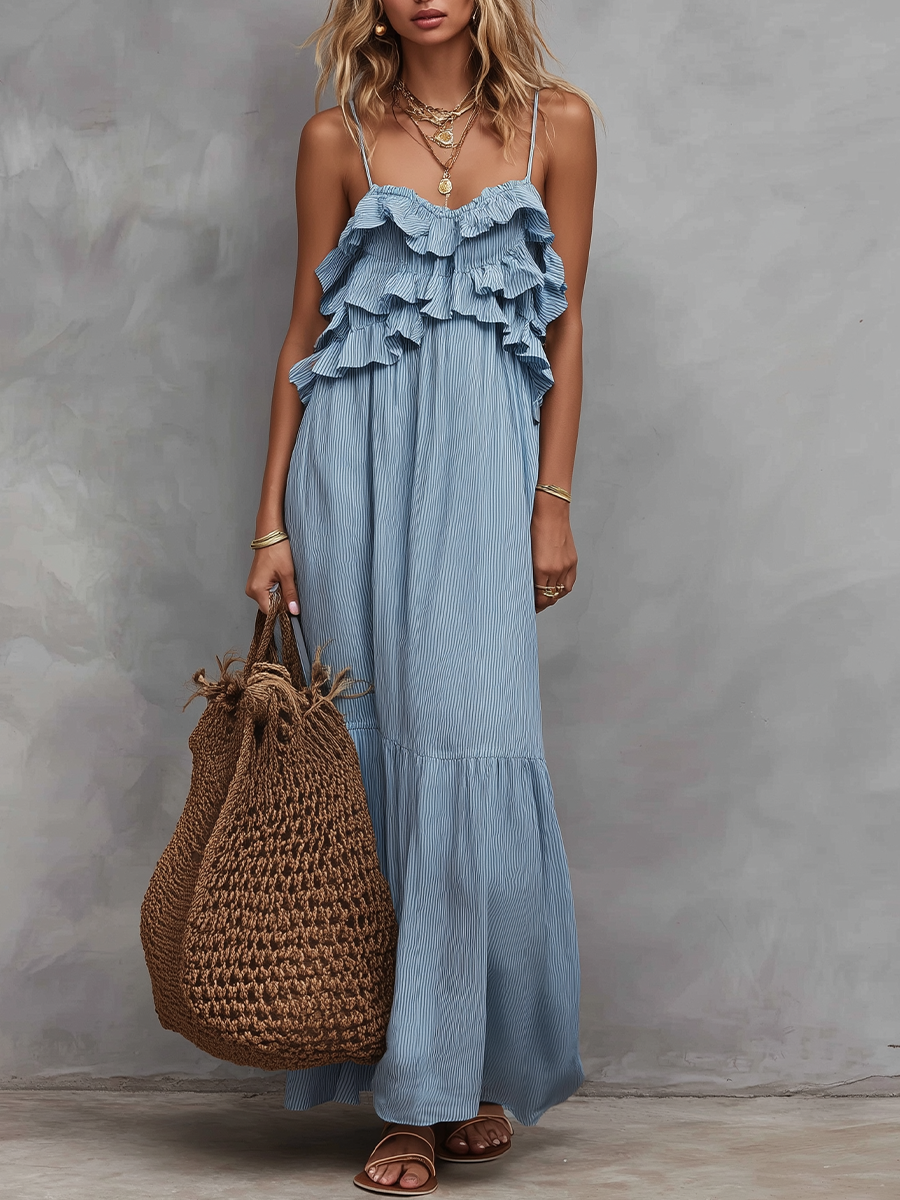 Romantic Striped Ruffled Spaghetti Strap Tiered Maxi Dress
