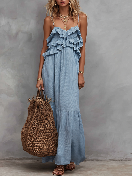 Romantic Striped Ruffled Spaghetti Strap Tiered Maxi Dress