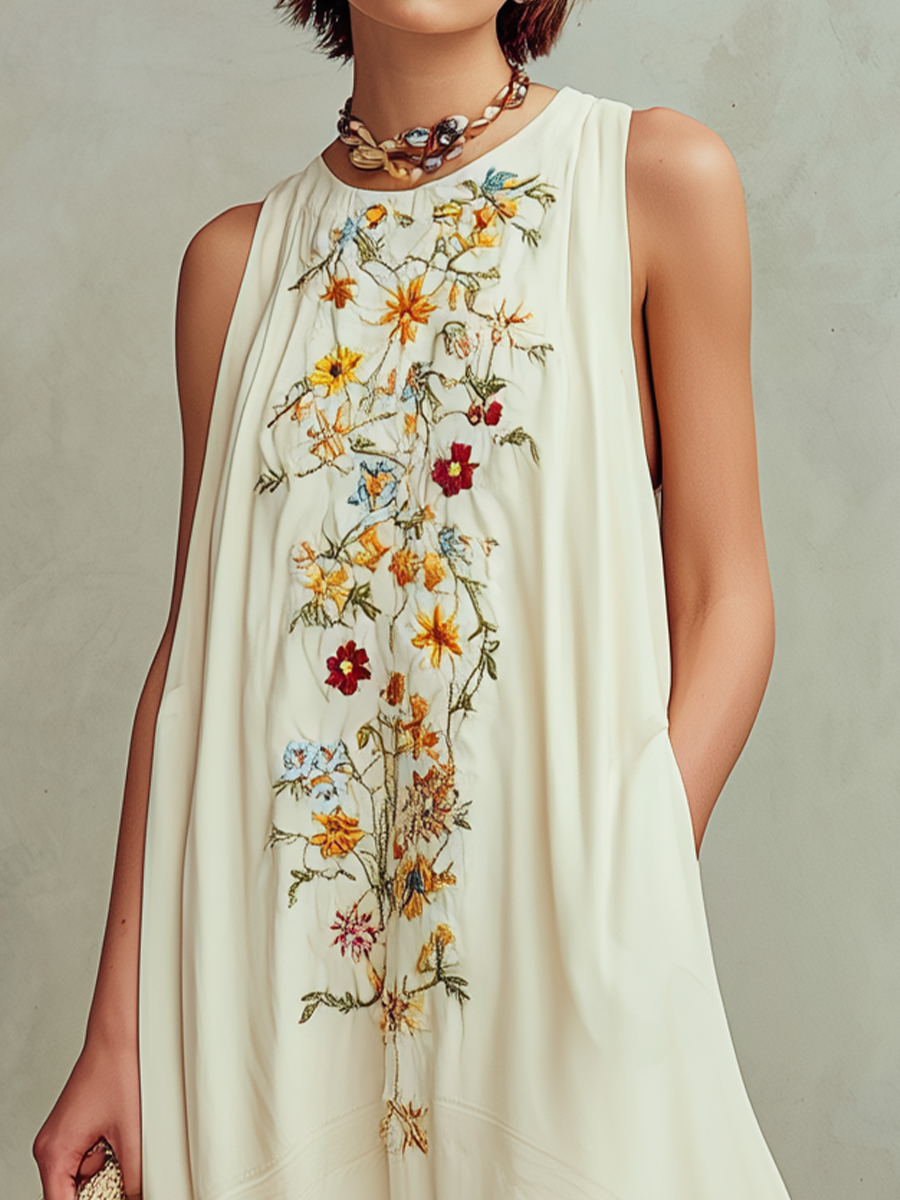 Elegant Floral Embroidered Sleeveless Oversized Maxi Dress