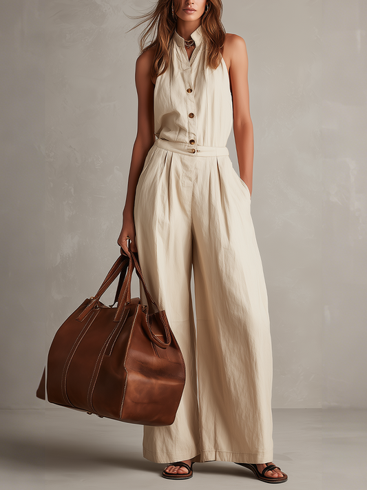 Minimal Button Wide-Leg Pants Set