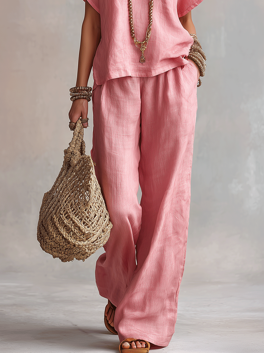 Effortless Boho Linen V-Neck Top & Wide-Leg Pants Set