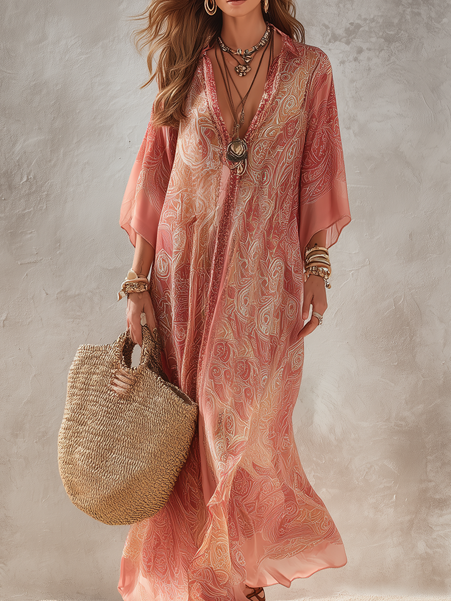 Sunset Coral V Neck Printed Flowing Maxi Dress