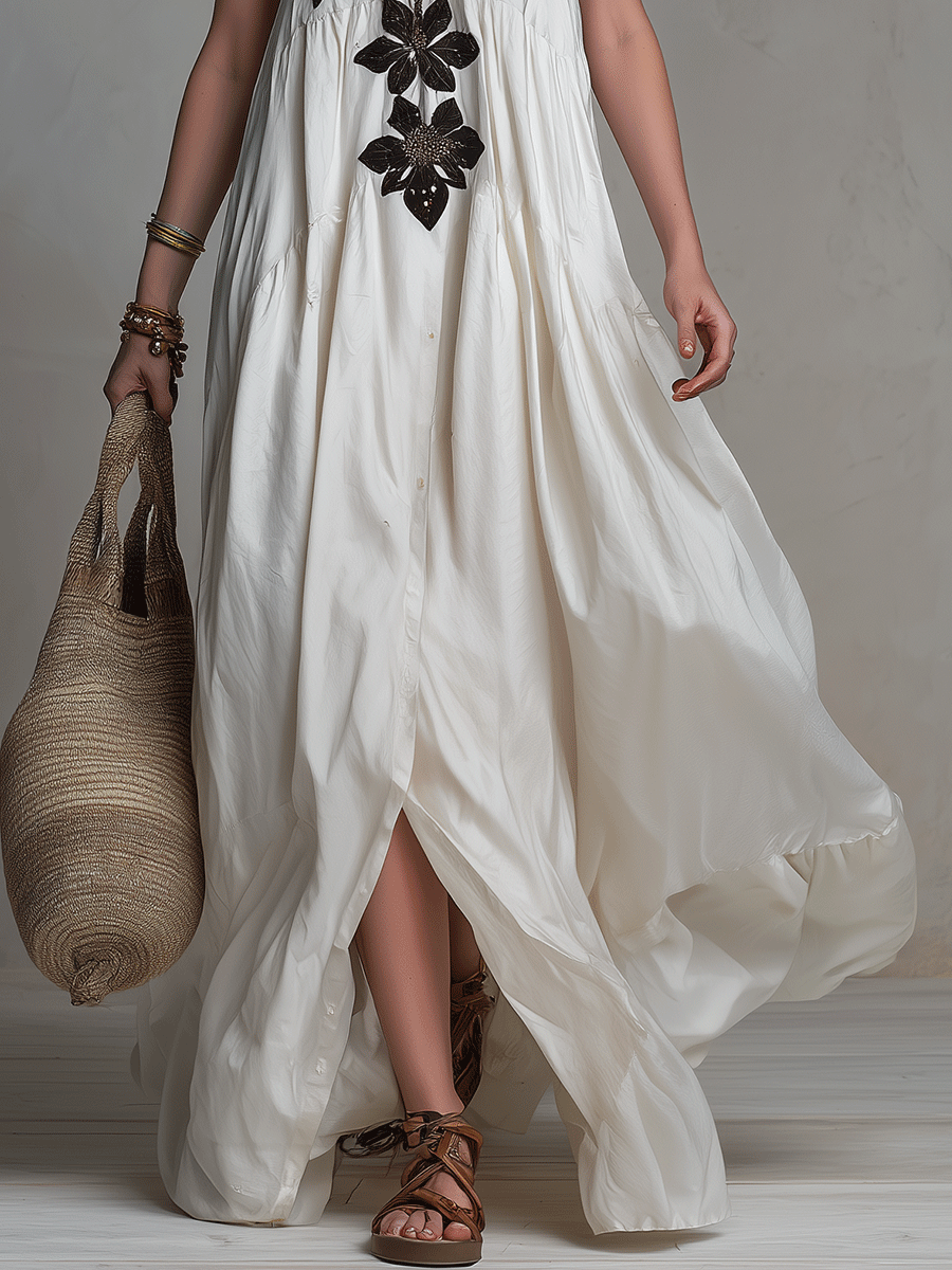 Elegant Bohemian Floral Appliqué Halter Maxi Dress