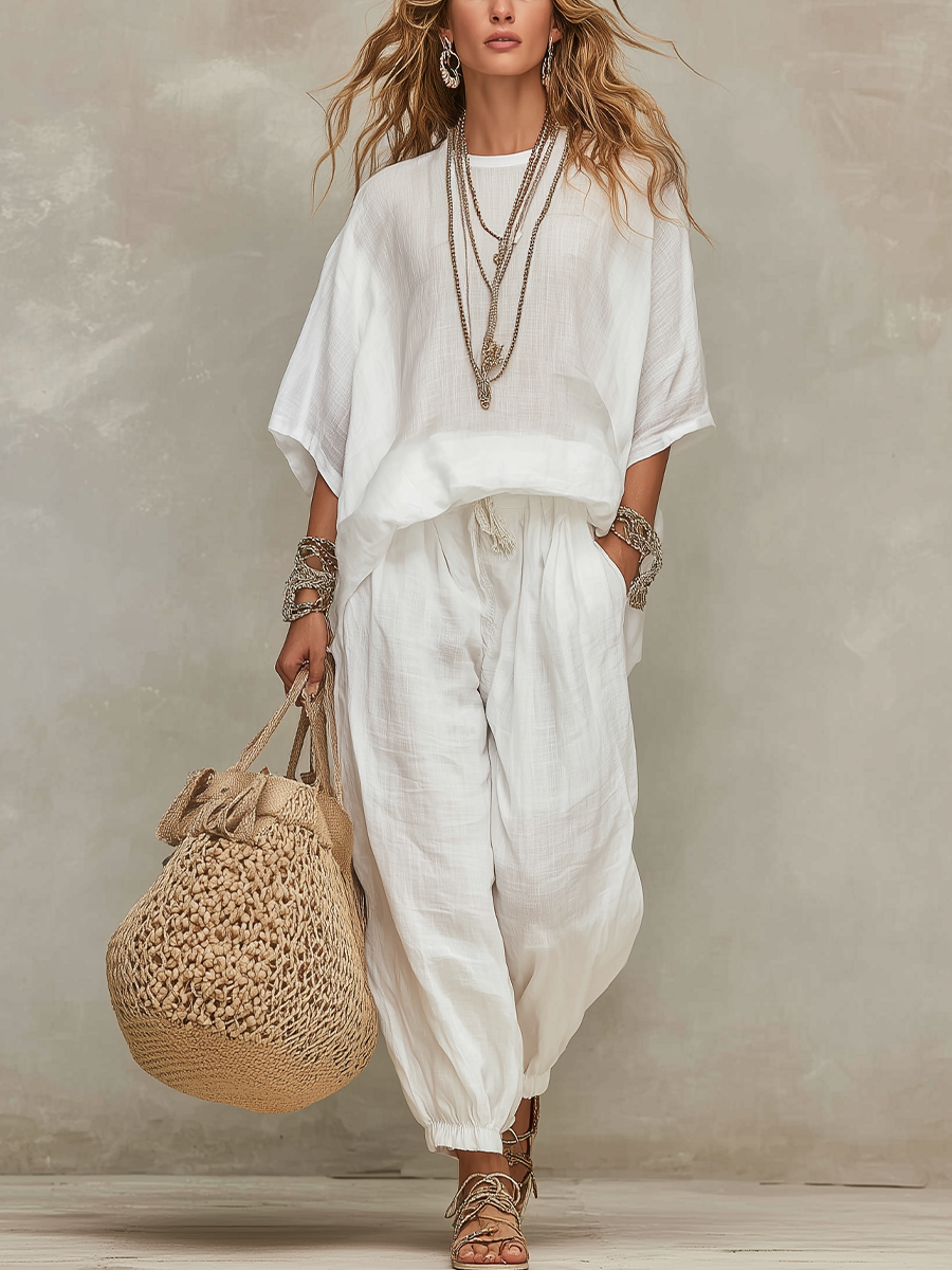 Pure Ivory White Linen Casual Summer Set