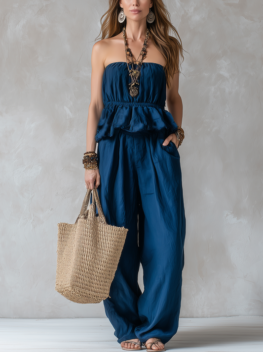 Bohemian Midnight Blue Ruffled Top And Wide Leg Pants Set