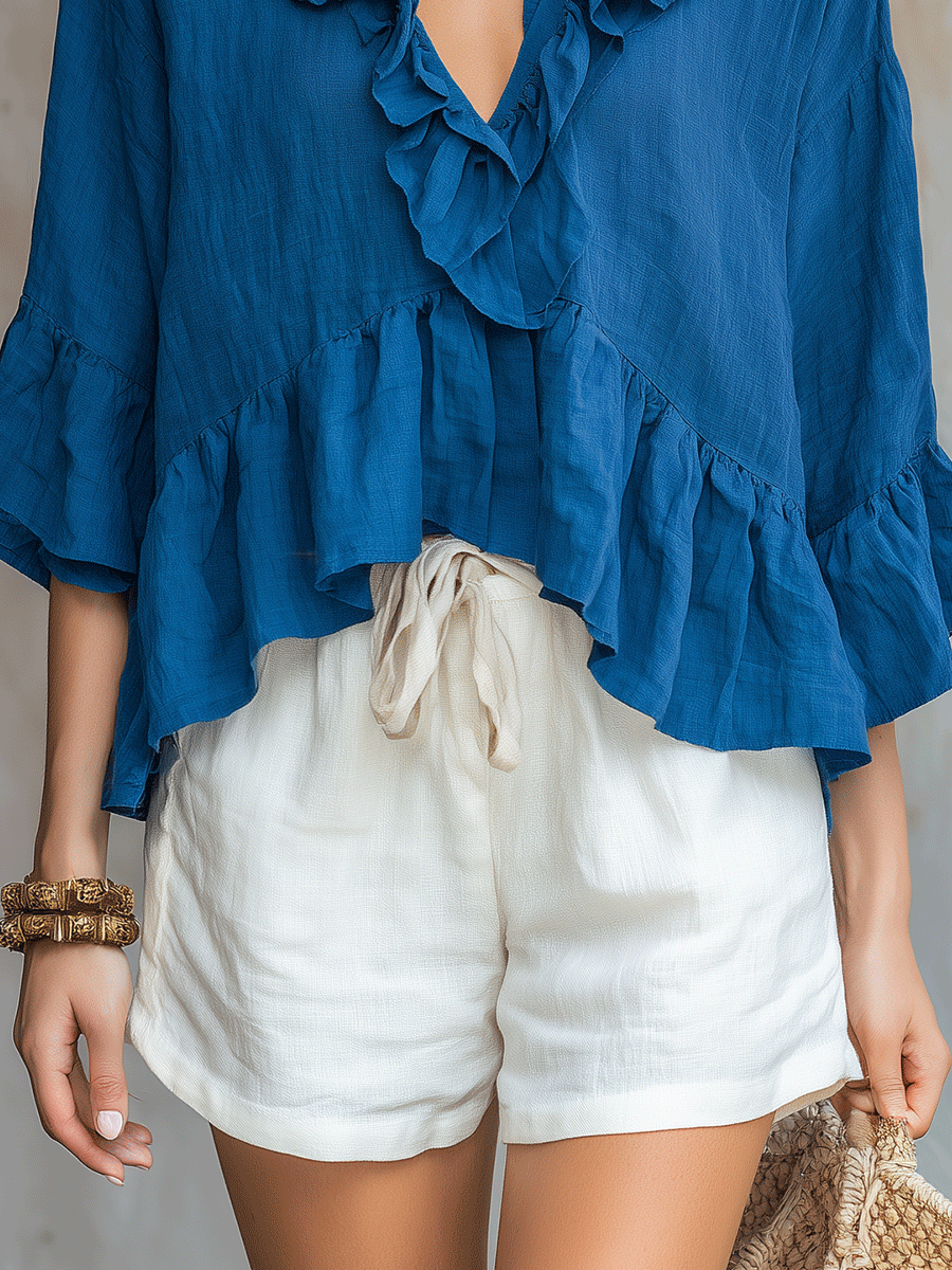 Soft Ruffled V-Neck Bohemian-Style Cotton And Linen Shirt And Basic White Shorts