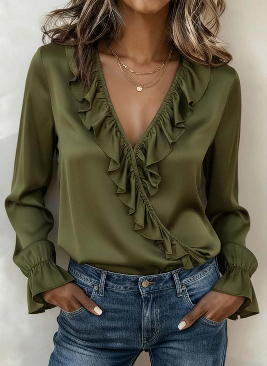 Women's Casual V-Neck Ruffled Long-Sleeve Top