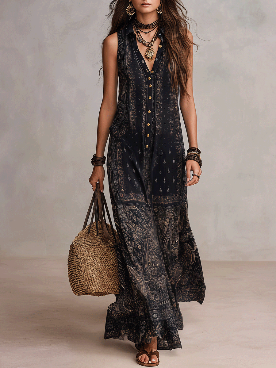 Elegant Boho Chic Paisley Print Sleeveless Maxi Dress