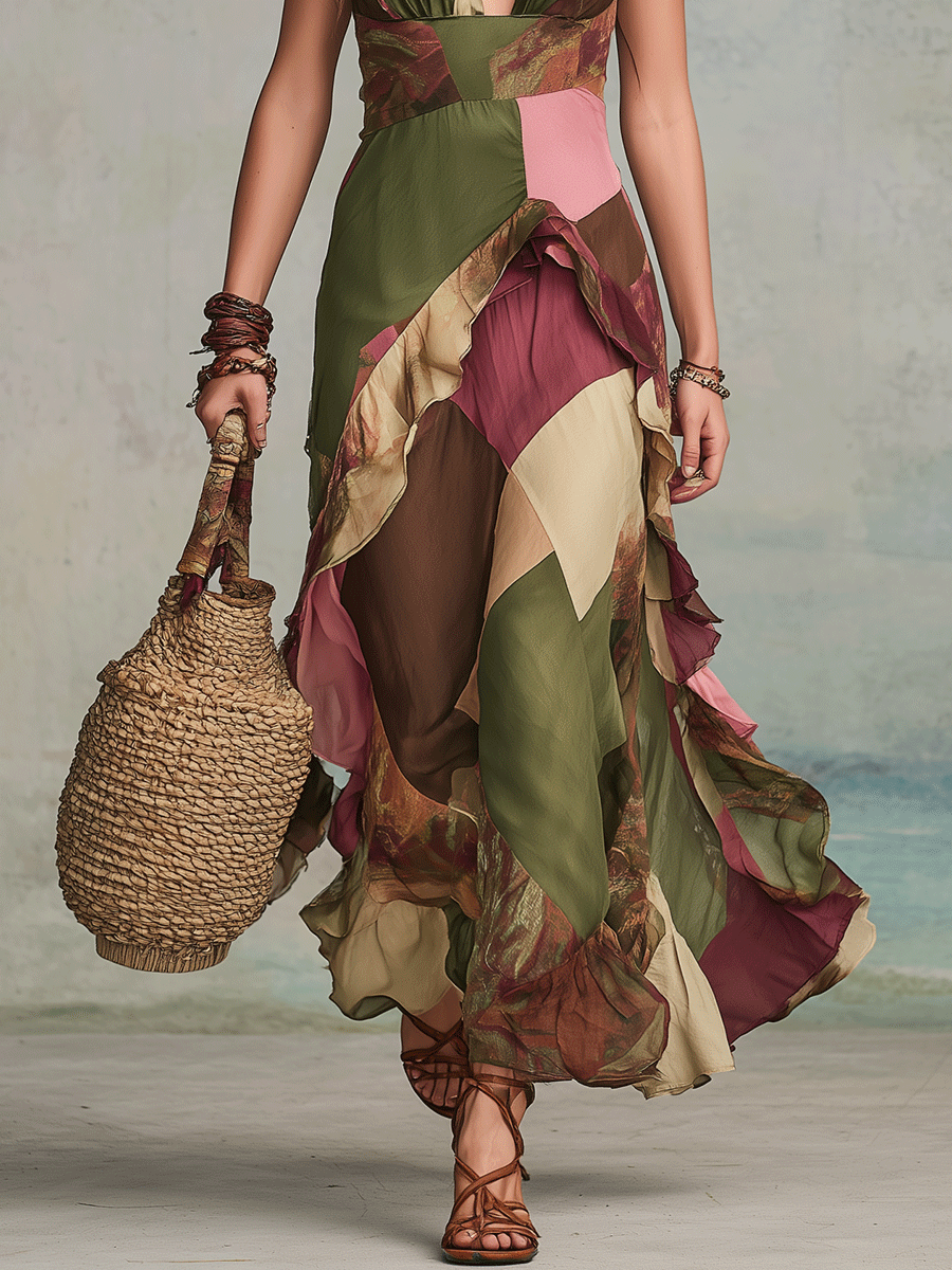 Bohemian Patchwork Halter Ruffle Maxi Dress
