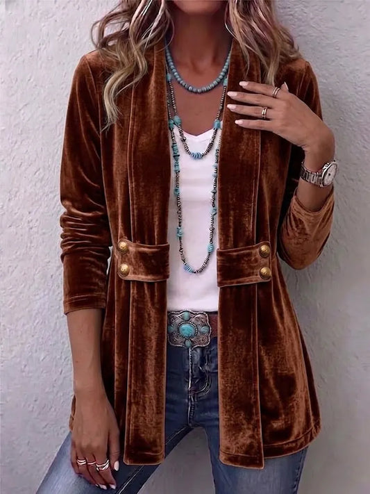 Vintage Velvet Lapel Button Decor Long Sleeve Open Front Jacket