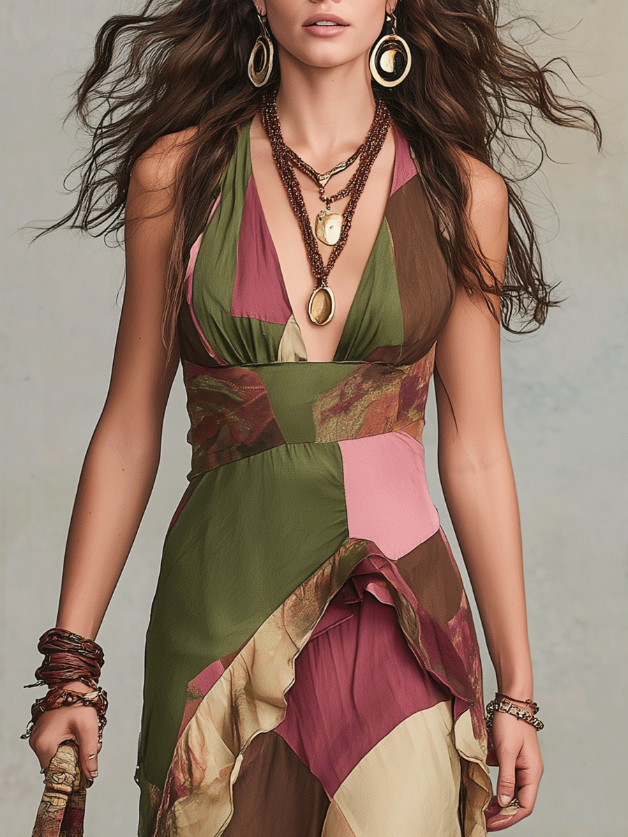 Bohemian Patchwork Halter Ruffle Maxi Dress