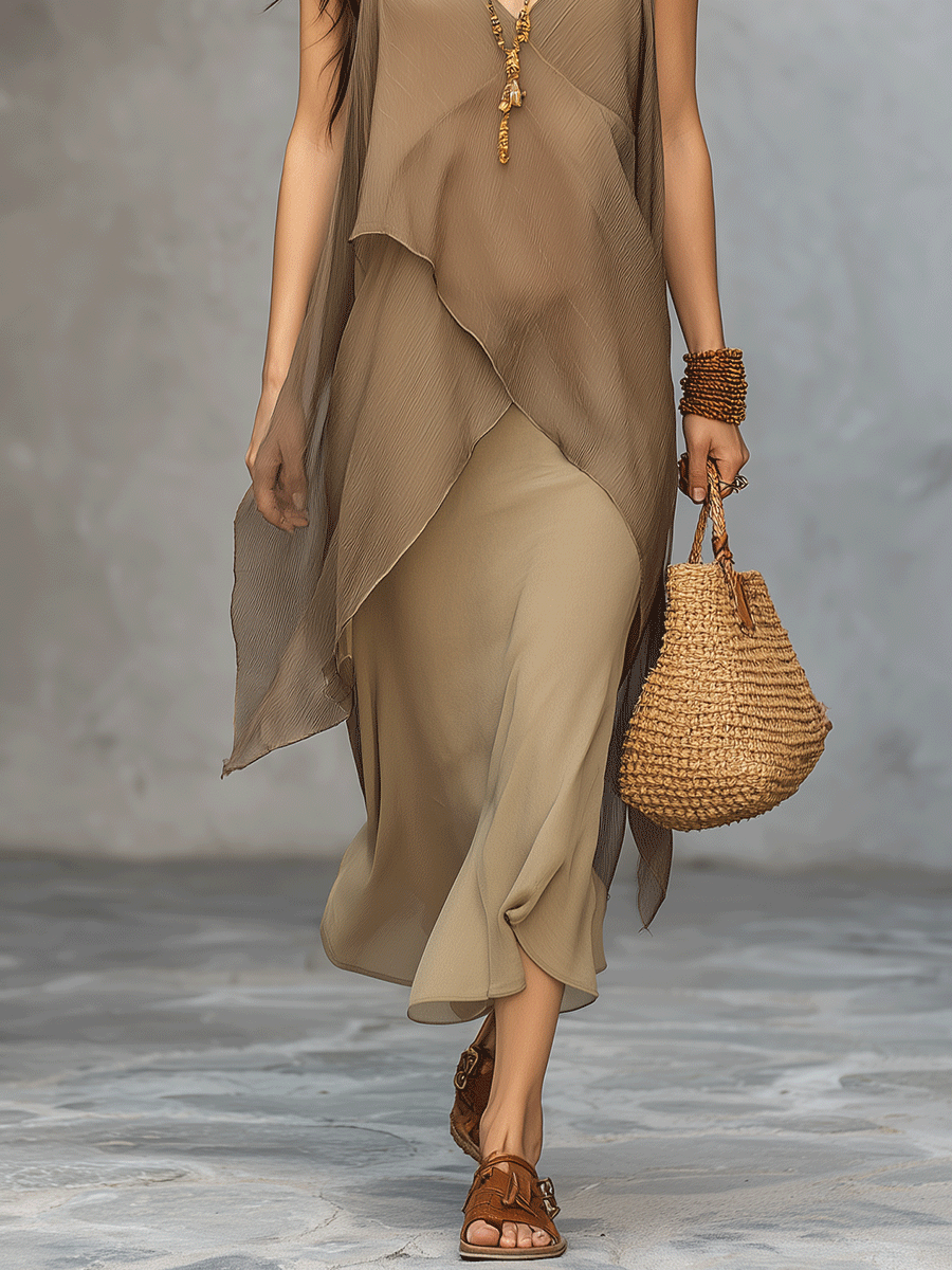 Desert Sand Layered Boho Maxi Dress