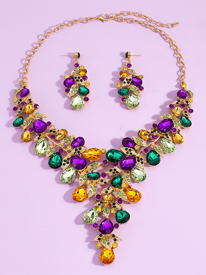 Mardi Gras Carnival Necklace And Earrings Set With Three-Color Rhinestones, Party Jewelry Set.