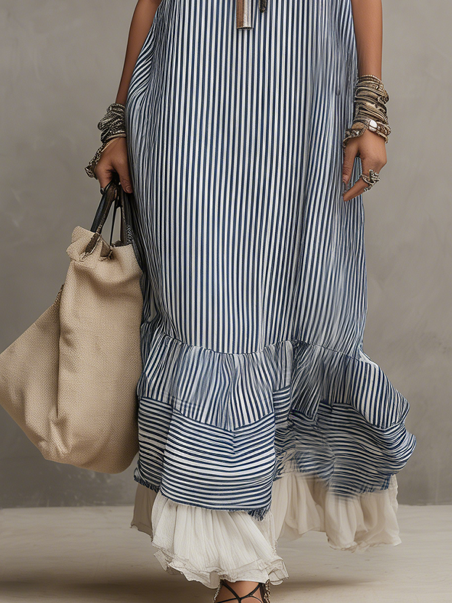 Casual Blue And White Striped Patchwork Ruffled Hem Dress