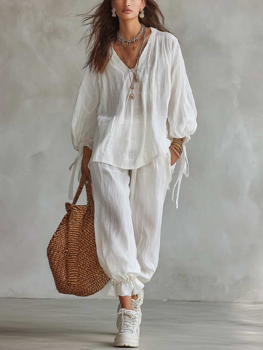 Relaxed White Textured V-Neck Top & Soft Pants Set