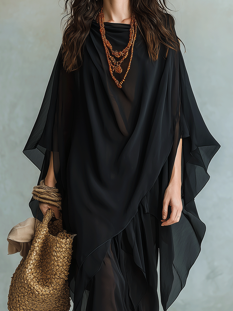 Exquisitely Elegant Black Bohemian-Style Maxi Dress And Shawl Set