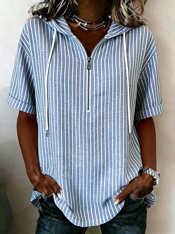 Women's cotton and linen half-zip casual geometric top