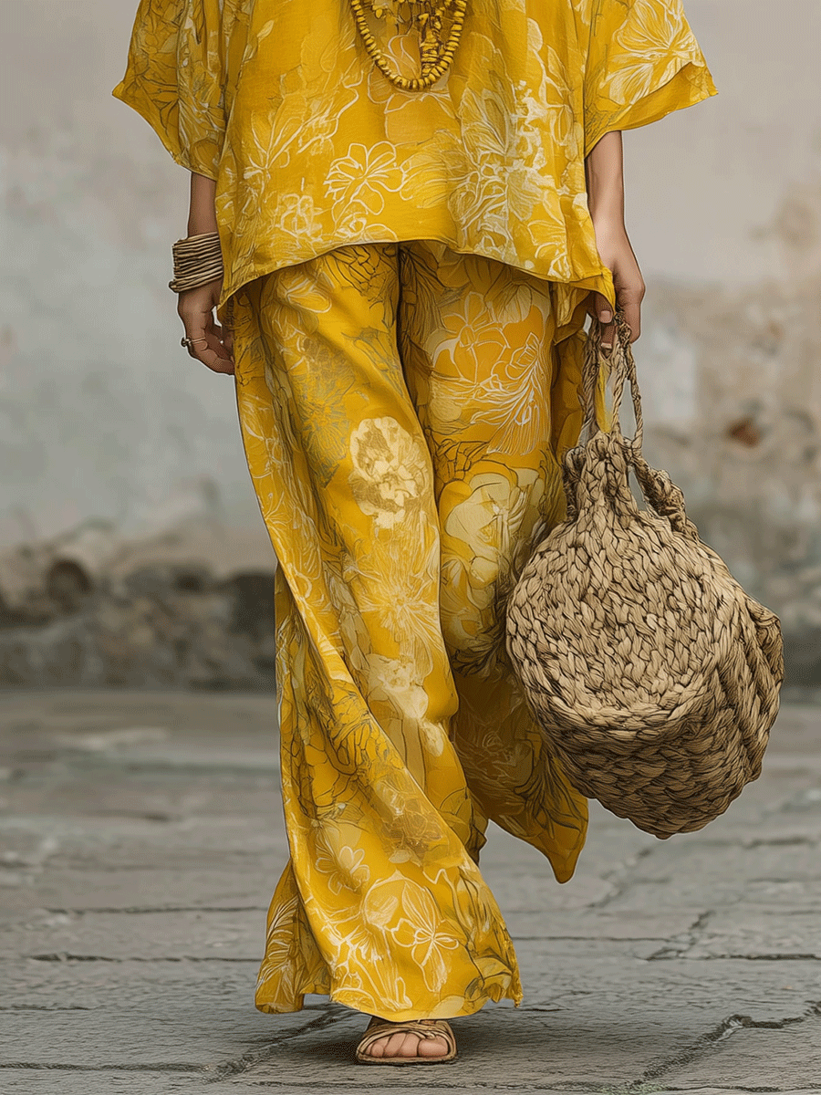 Golden Boho Floral Relaxed Top & Wide-Leg Pants Set