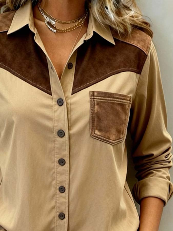 Women'S Casual Color-Blocked Patchwork Shirt