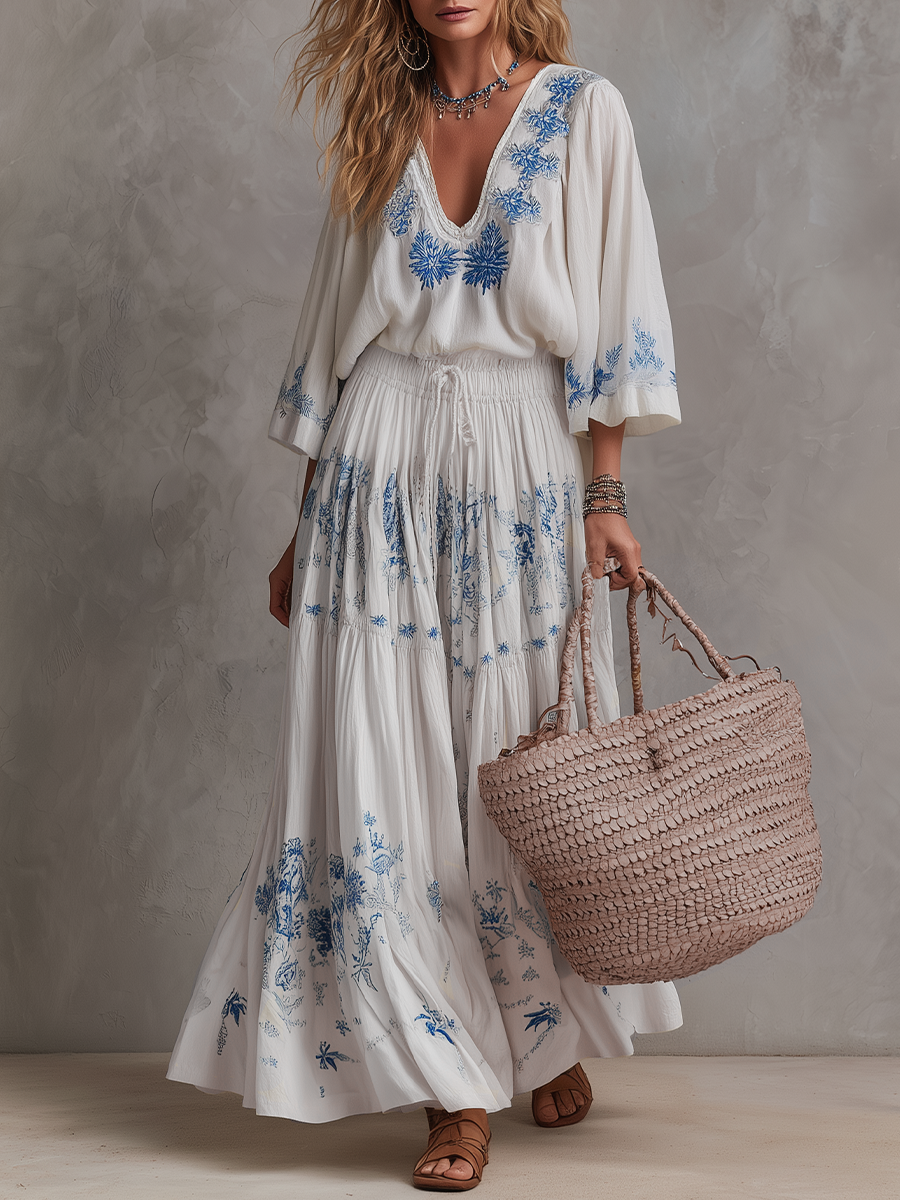 Boho Floral Embroidered V-Neck Maxi Dress