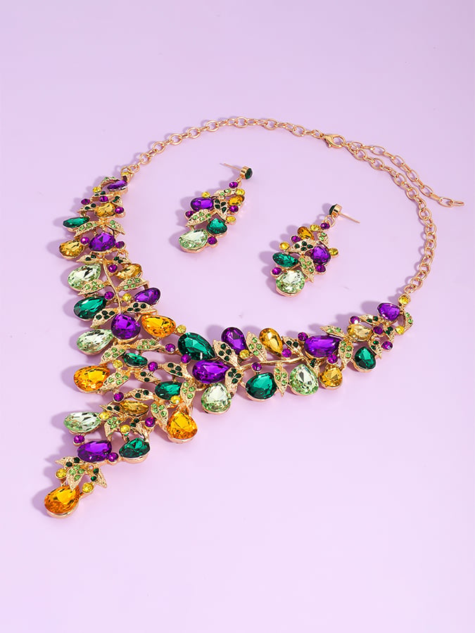 Mardi Gras Carnival Necklace And Earrings Set With Three-Color Rhinestones, Party Jewelry Set.