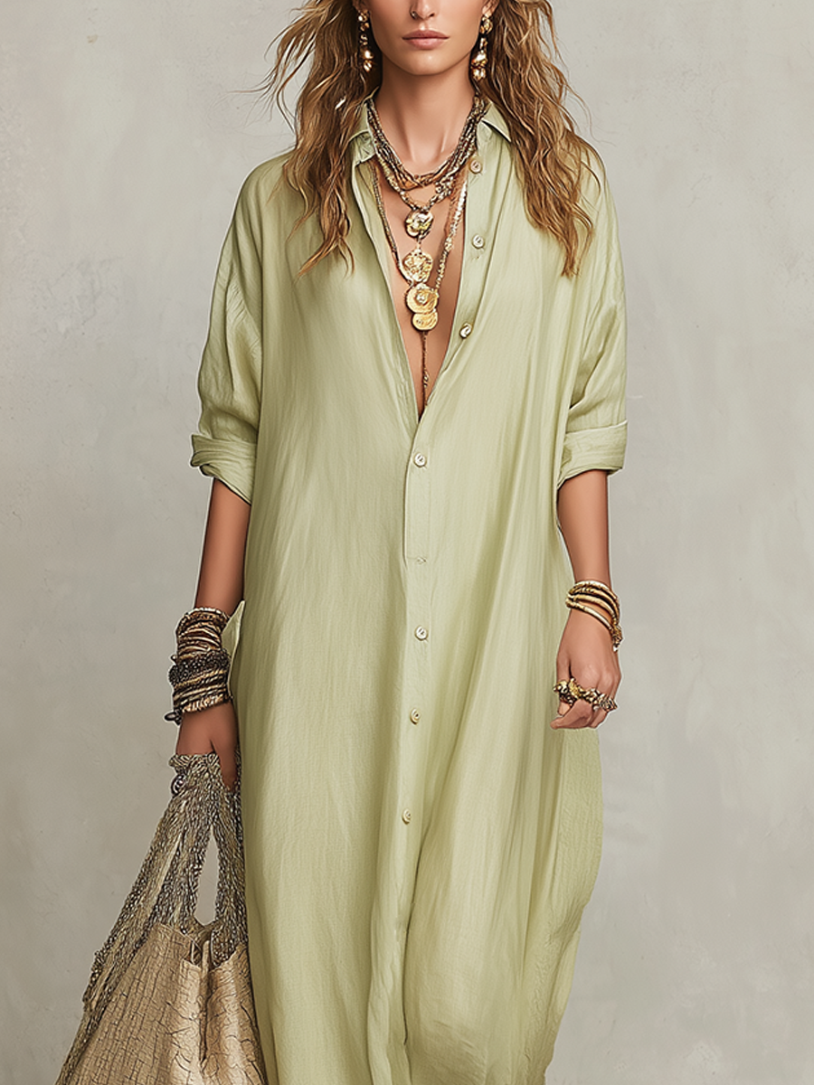 Casual Bohemian Button Down Long Shirt Dress