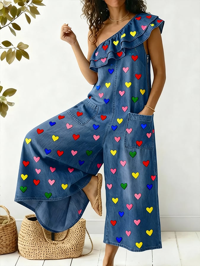 Women'S Casual Color-Blocked Printed Ruffled Jumpsuit