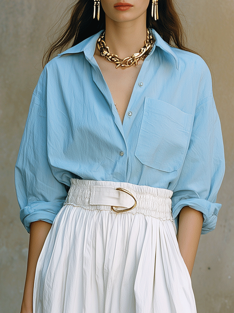 Effortless Coastal Chic Blue Shirt & White Maxi Skirt Set