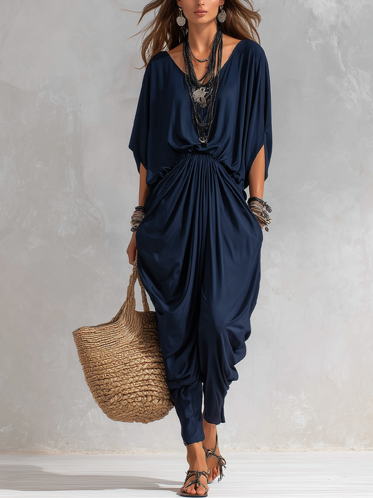 Midnight Blue Draped Bohemian Dress