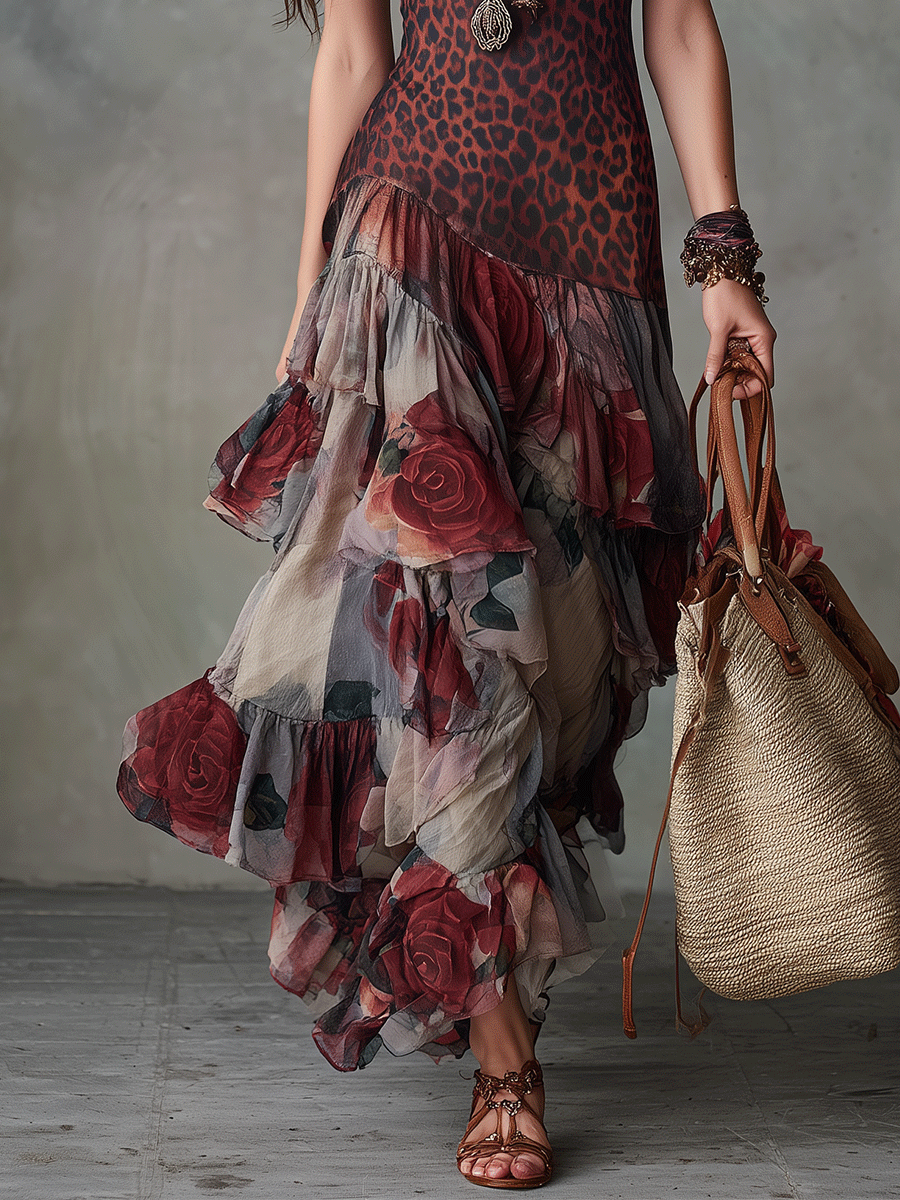 Wild Romance Leopard & Rose Layered Boho Maxi Dress