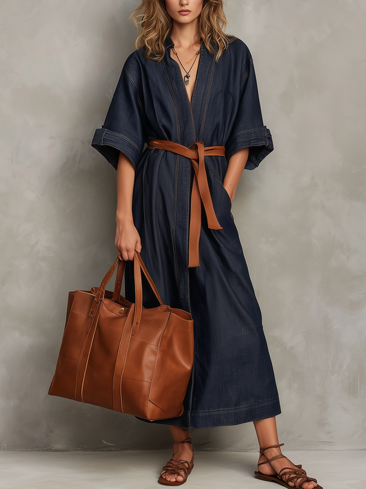 Polished V-Neck Tie-Waist Denim Maxi Dress