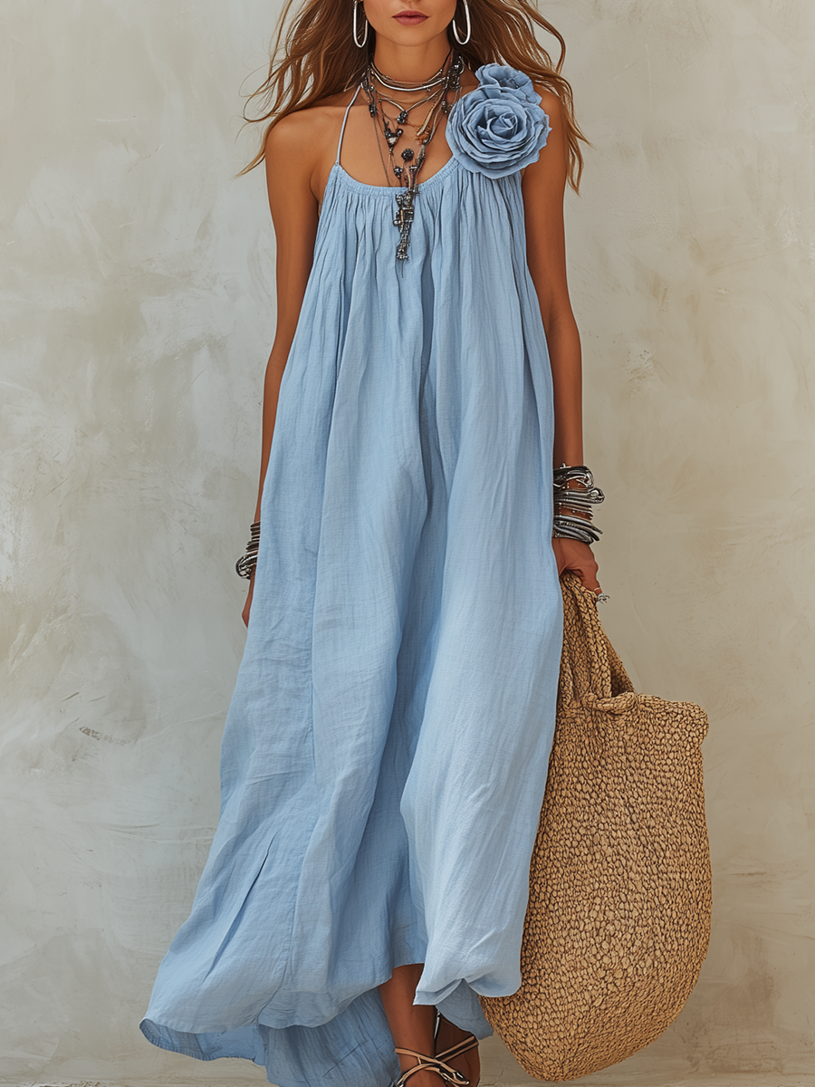 Resort Style Floral Decorated Sky Blue Linen Dress