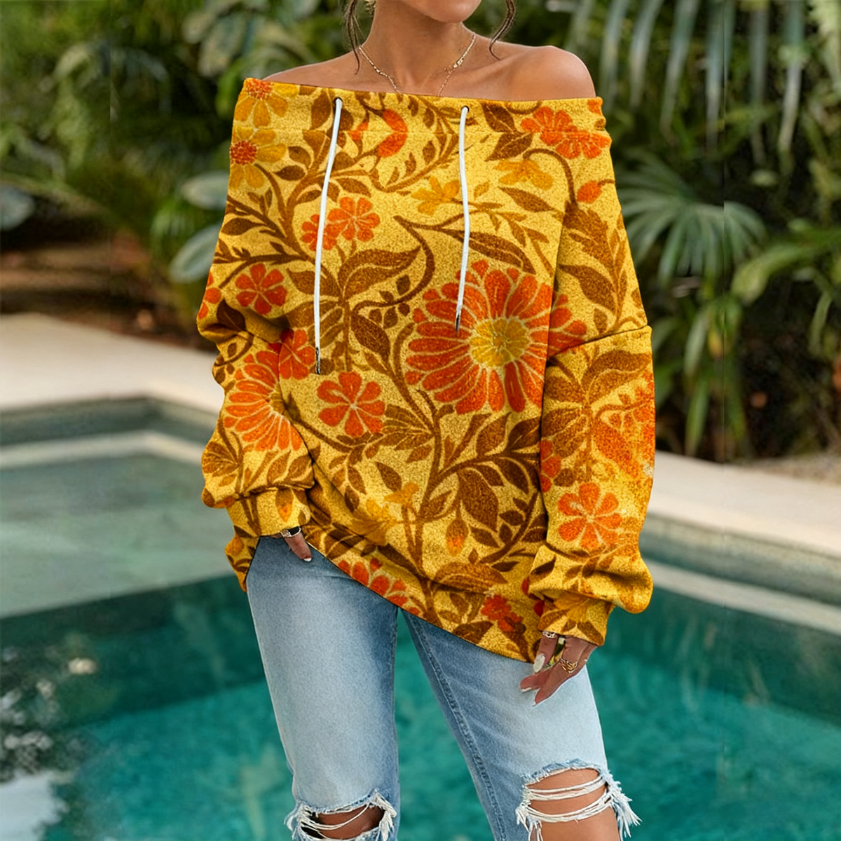 Women'S One-neck floral print long-sleeved jumper