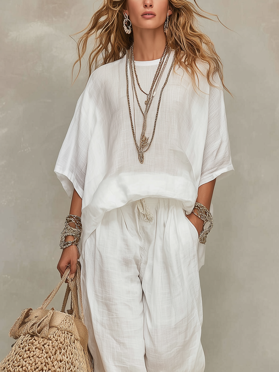 Pure Ivory White Linen Casual Summer Set