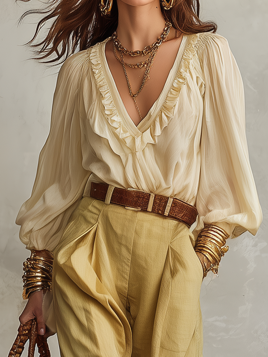 Refined Cream Ruffle Blouse & Tailored Trousers Set